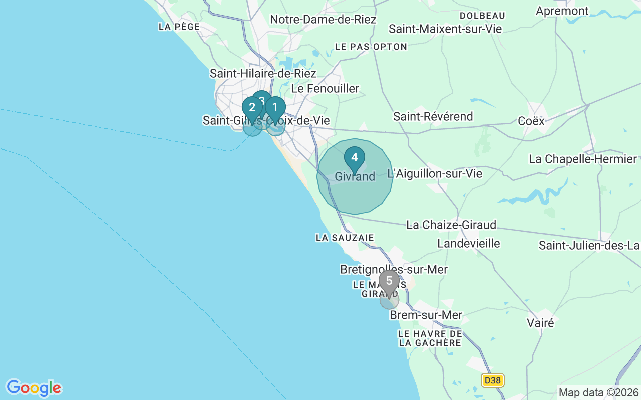 Map of Airbnb guest-review hotspots in Saint Gilles Croix De Vie with location premium circles