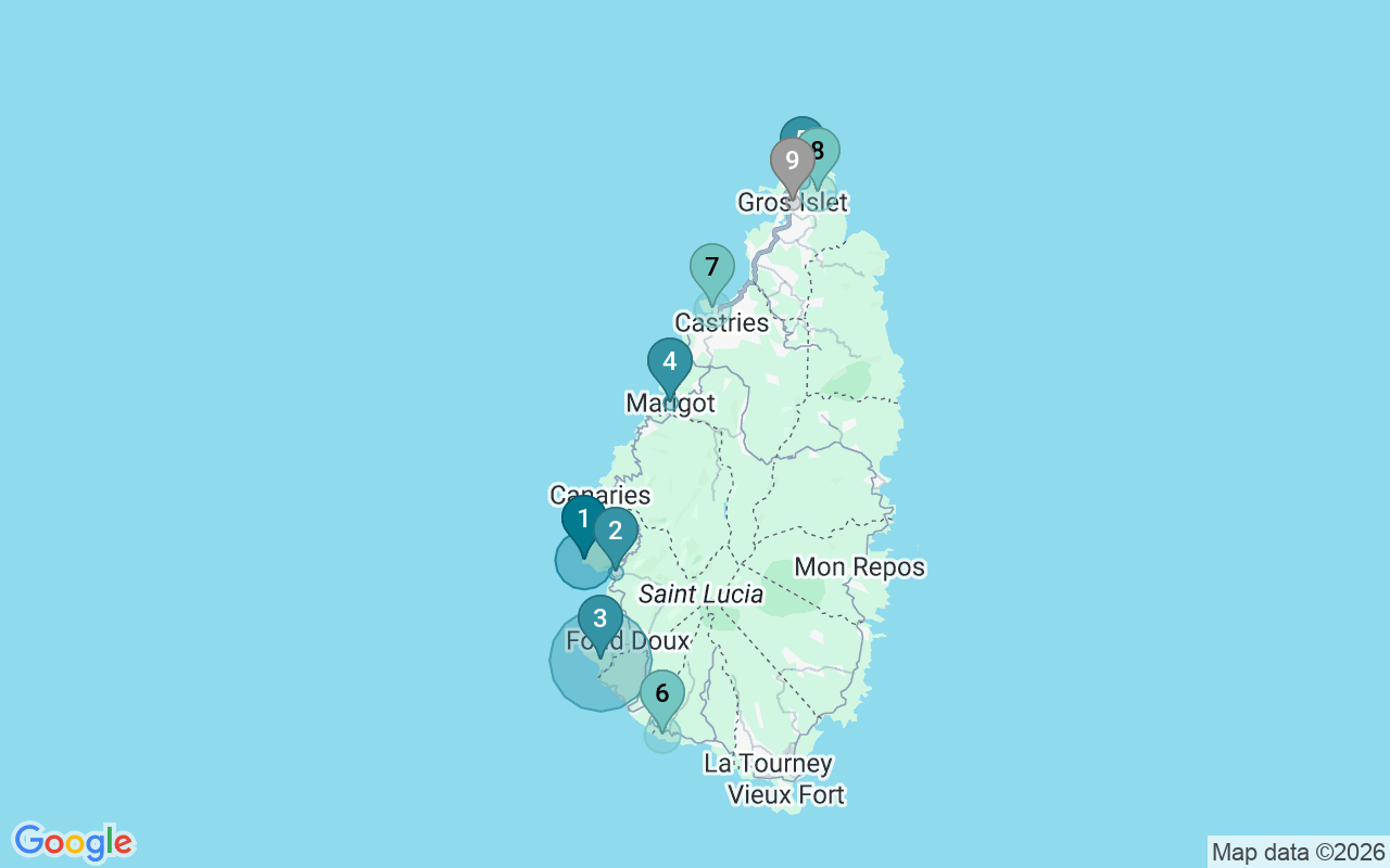 Map of Airbnb guest-review hotspots in Saint Lucia with location premium circles