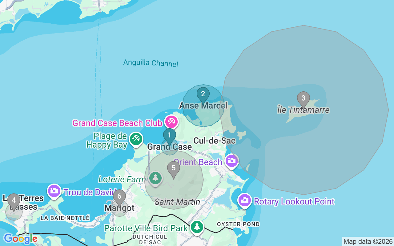 Map of Airbnb guest-review hotspots in Saint Martin with location premium circles