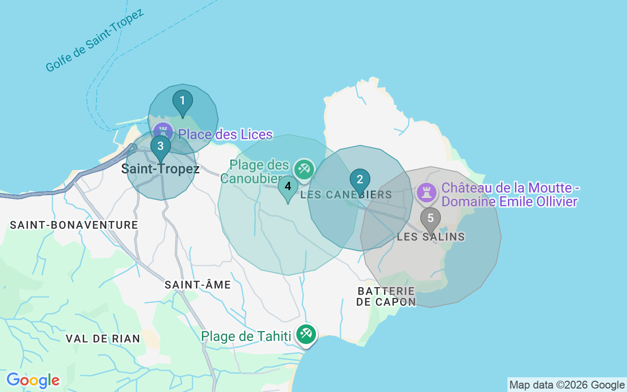 Map of Airbnb guest-review hotspots in Saint Tropez with location premium circles