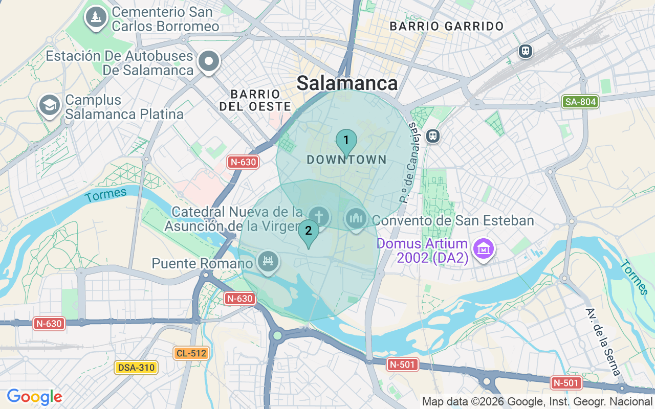 Map of Airbnb guest-review hotspots in Salamanca with location premium circles
