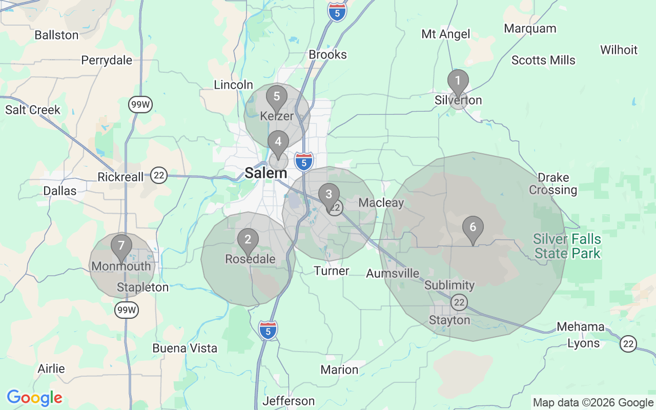 Map of Airbnb guest-review hotspots in Salem with location premium circles