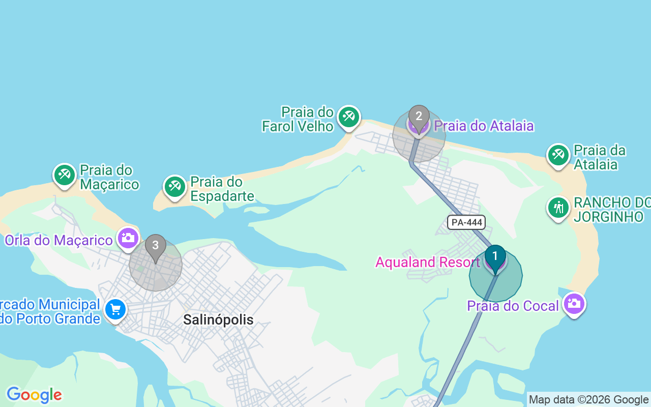 Map of Airbnb guest-review hotspots in Salinópolis with location premium circles