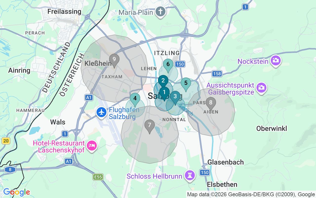Map of Airbnb guest-review hotspots in Salzburg with location premium circles