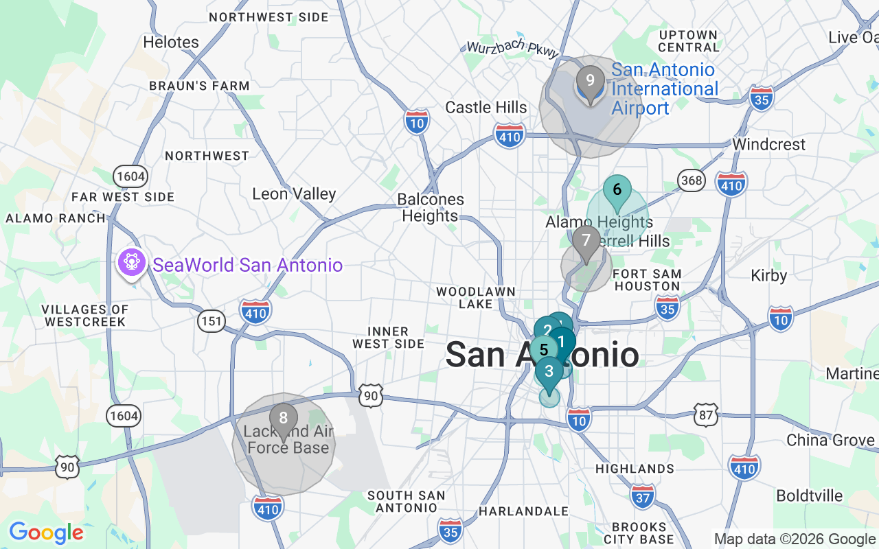 Map of Airbnb guest-review hotspots in san antonio with location premium circles