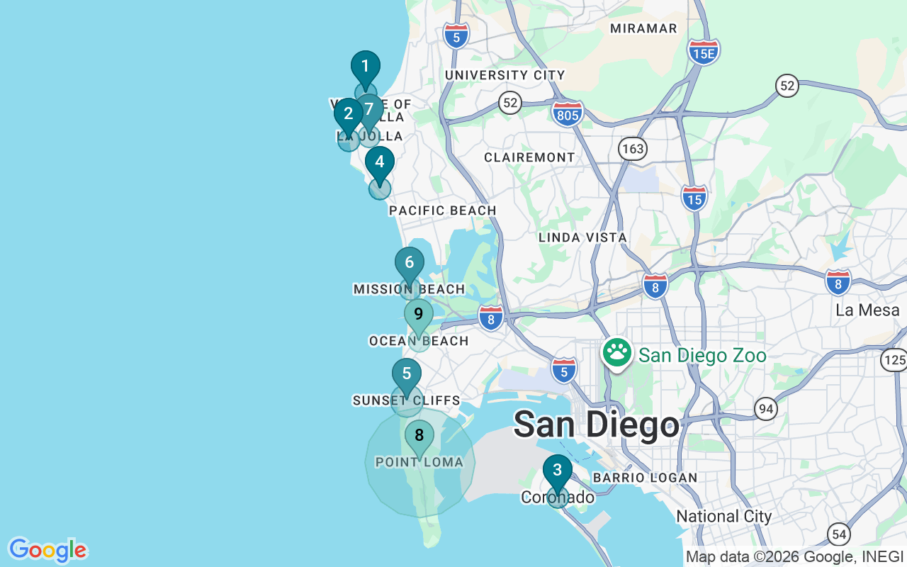 Map of Airbnb guest-review hotspots in San Diego with location premium circles