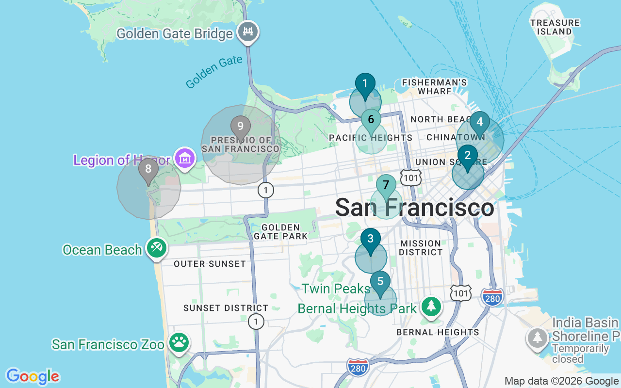Map of Airbnb guest-review hotspots in San Francisco with location premium circles