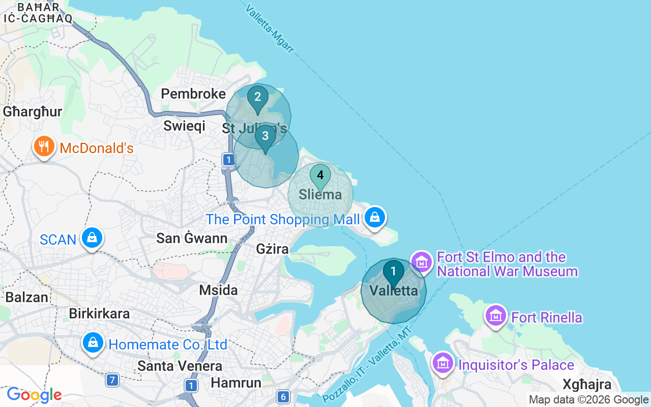 Map of Airbnb guest-review hotspots in San Giljan with location premium circles