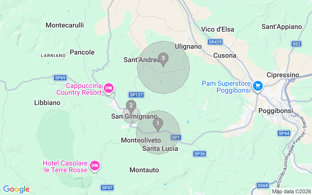 Map of Airbnb guest-review hotspots in San Gimignano with location premium circles