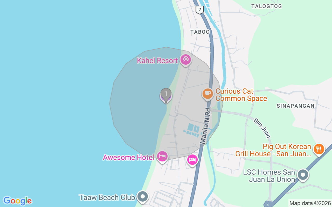 Map of Airbnb guest-review hotspots in San Juan Beach Ph with location premium circles