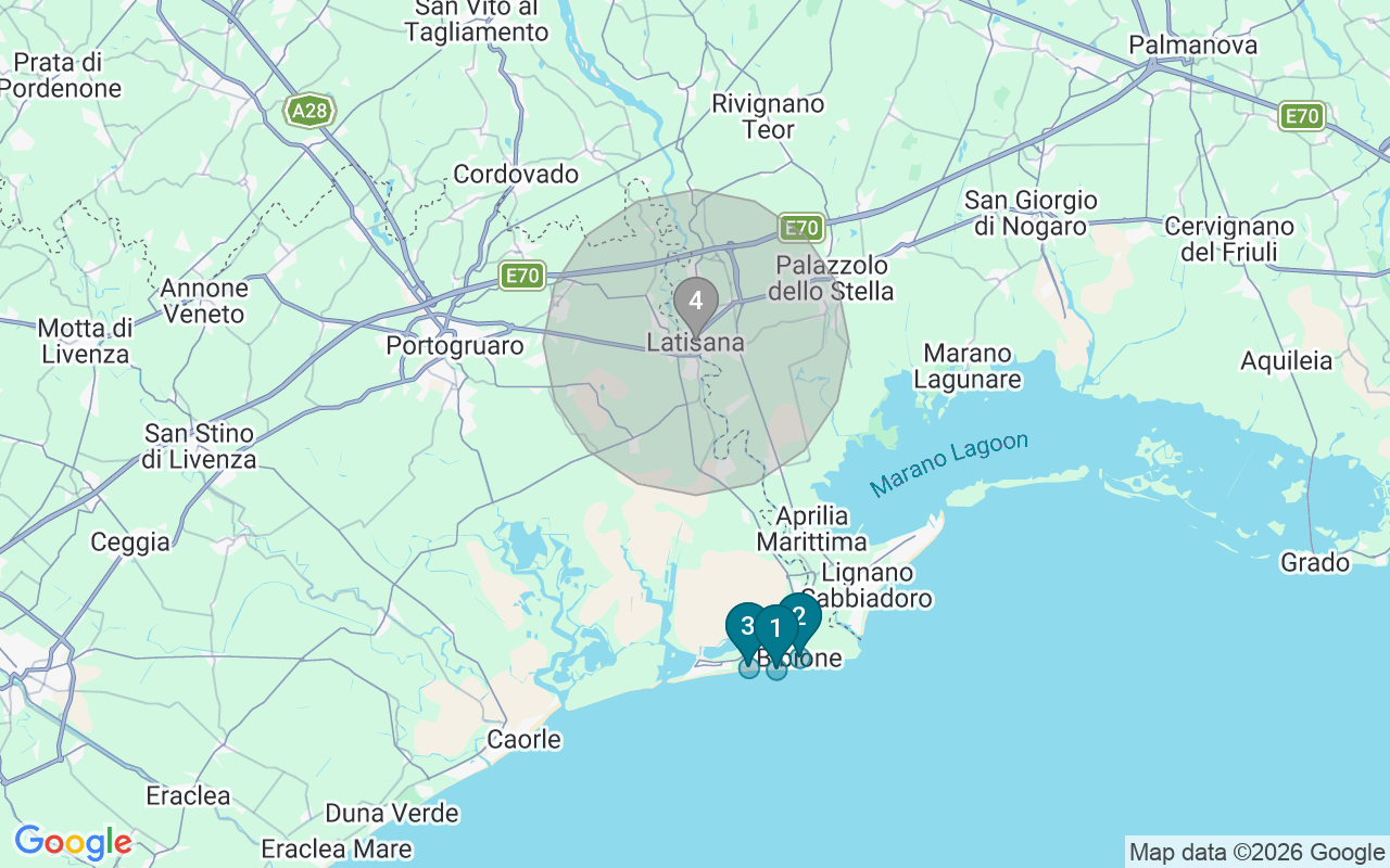 Map of Airbnb guest-review hotspots in San michele al tagliamento with location premium circles