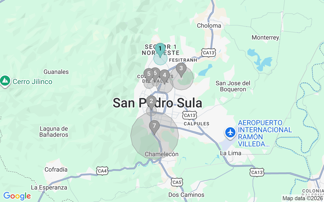 Map of Airbnb guest-review hotspots in San Pedro Sula with location premium circles