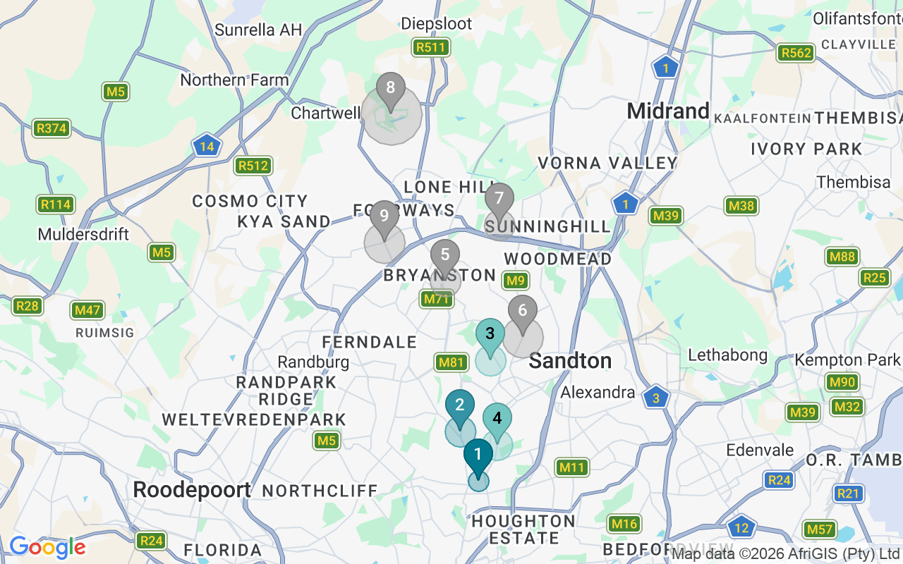 Map of Airbnb guest-review hotspots in Sandton with location premium circles