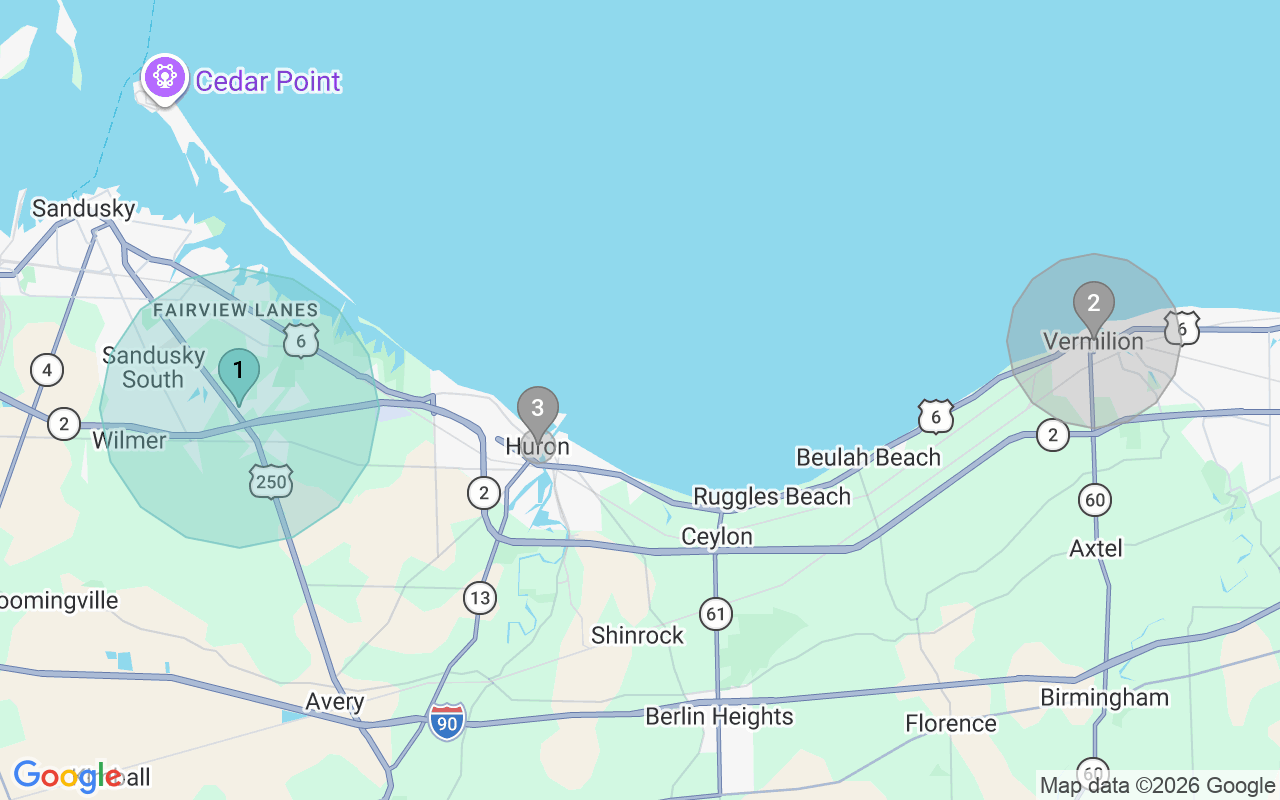 Map of Airbnb guest-review hotspots in Sandusky with location premium circles
