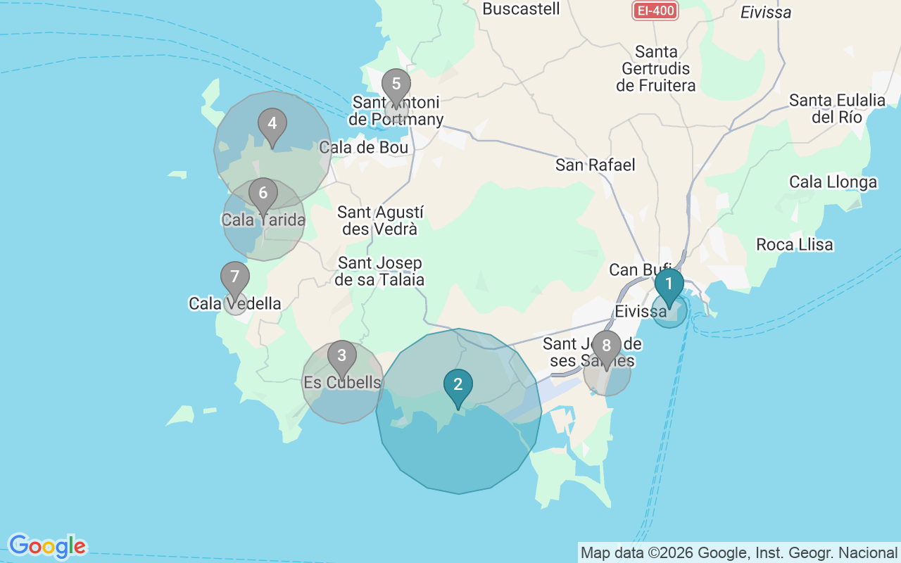 Map of Airbnb guest-review hotspots in Sant Josep De Sa Talaia with location premium circles