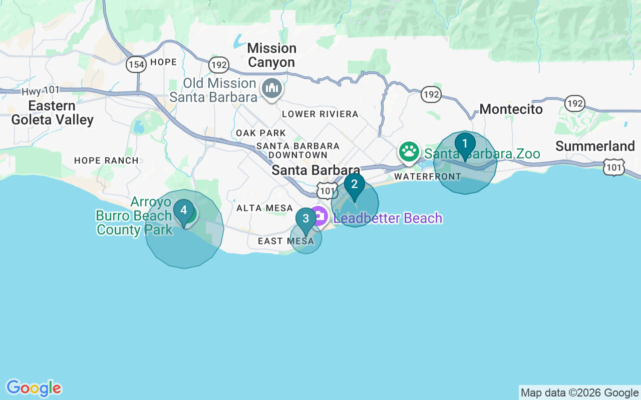Map of Airbnb guest-review hotspots in Santa Barbara with location premium circles