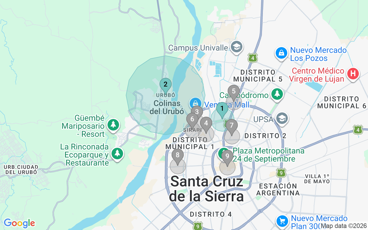 Map of Airbnb guest-review hotspots in Santa Cruz with location premium circles