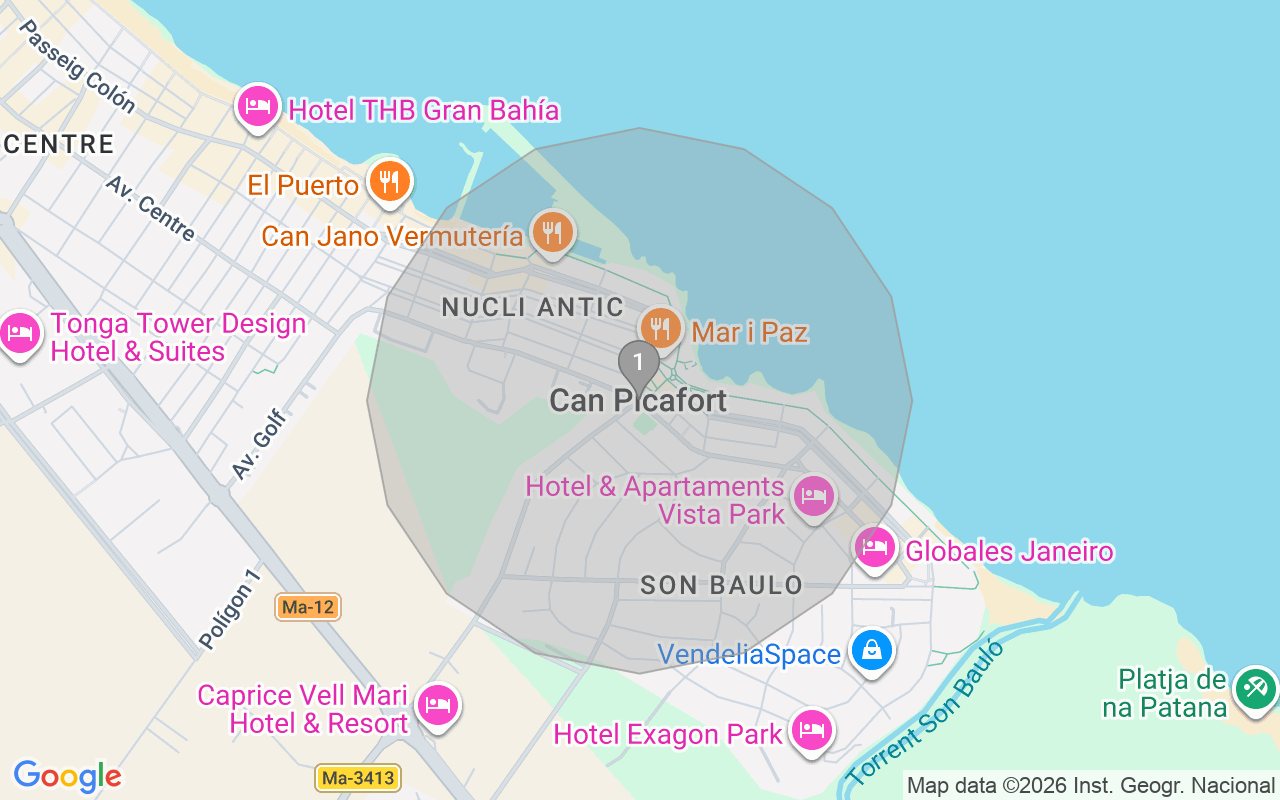 Map of Airbnb guest-review hotspots in Santa Margalida with location premium circles