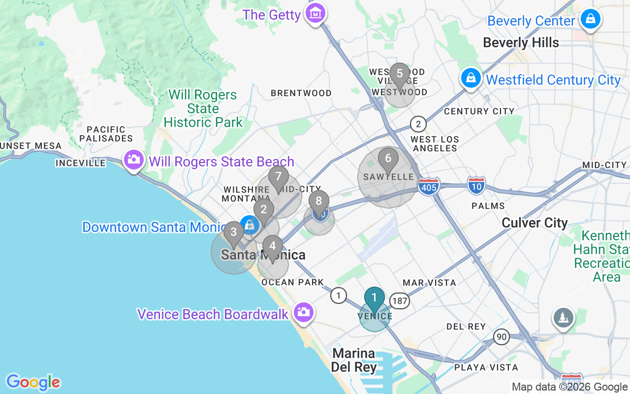 Map of Airbnb guest-review hotspots in Santa Monica with location premium circles