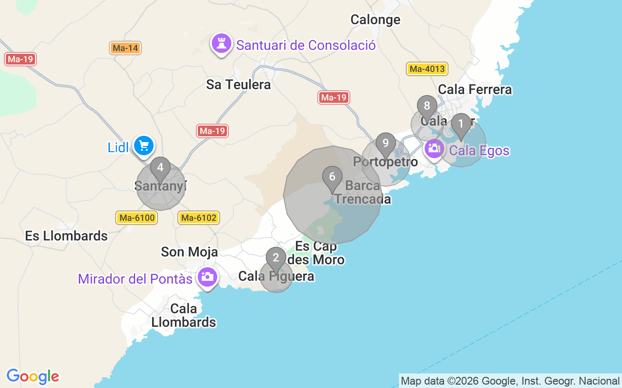 Map of Airbnb guest-review hotspots in Santanyí with location premium circles