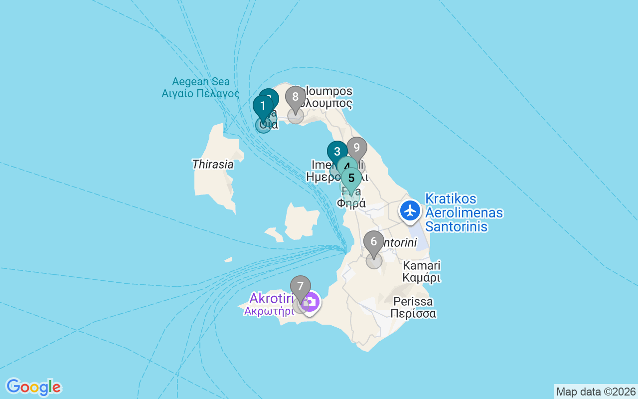 Map of Airbnb guest-review hotspots in Santorini with location premium circles