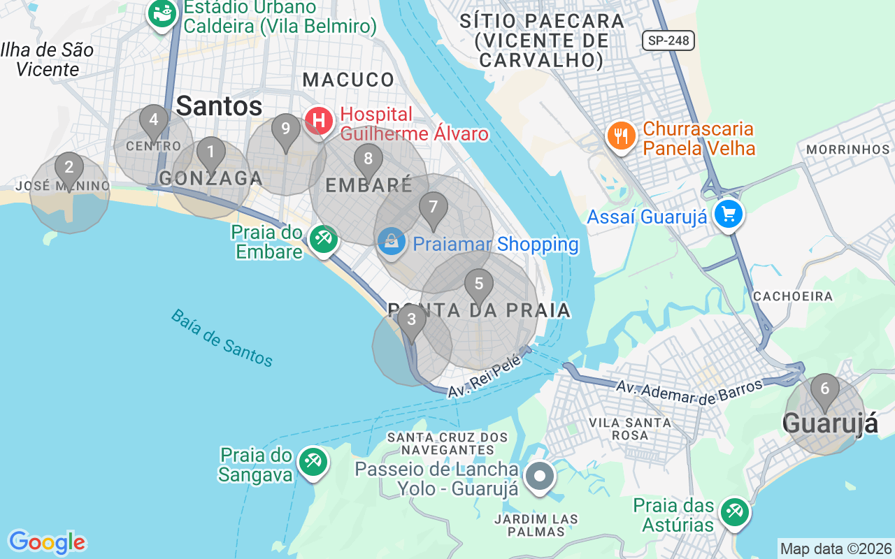 Map of Airbnb guest-review hotspots in Santos with location premium circles