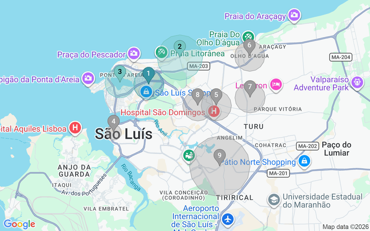 Map of Airbnb guest-review hotspots in São Luís with location premium circles