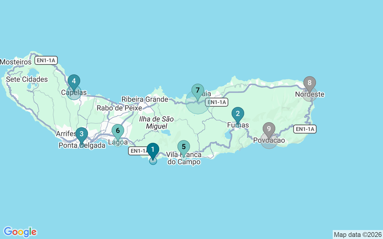 Map of Airbnb guest-review hotspots in São Miguel with location premium circles