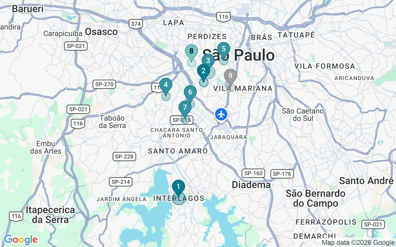 Map of Airbnb guest-review hotspots in Sao Paulo with location premium circles