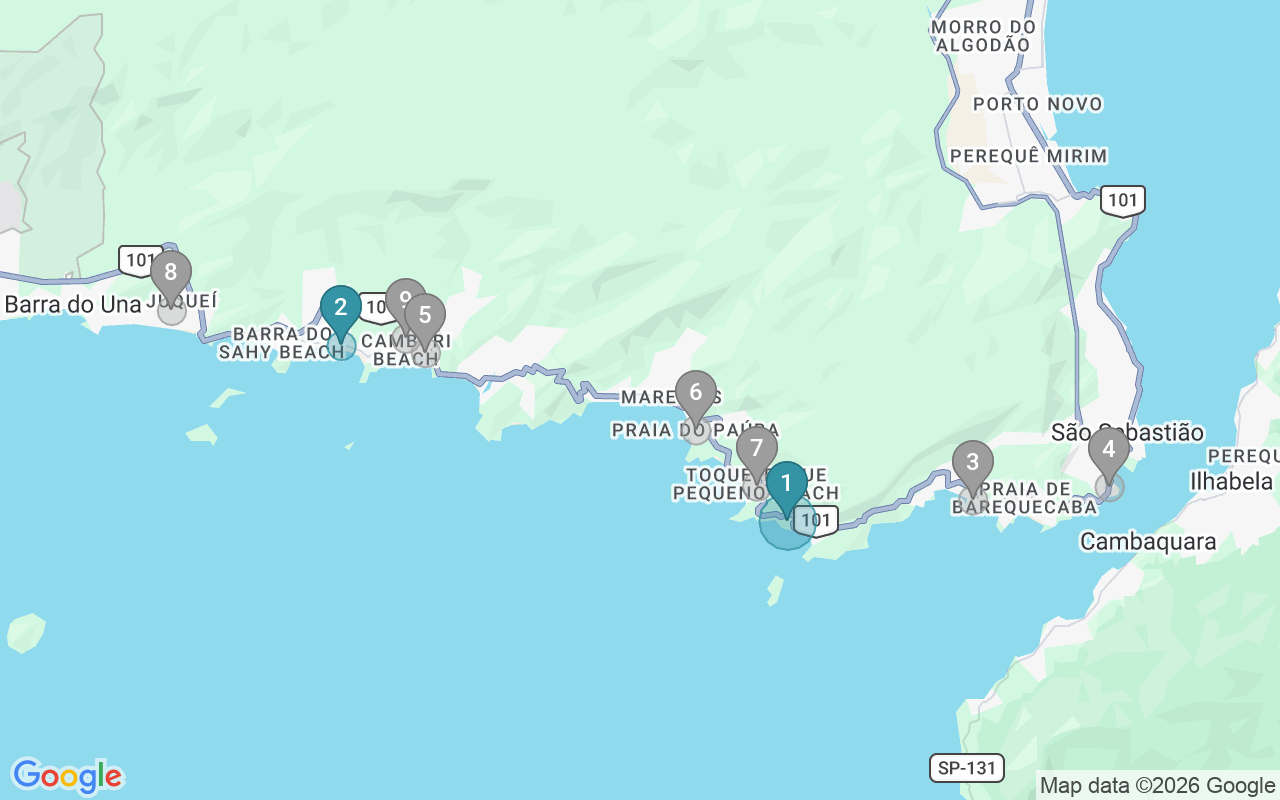 Map of Airbnb guest-review hotspots in São Sebastião with location premium circles
