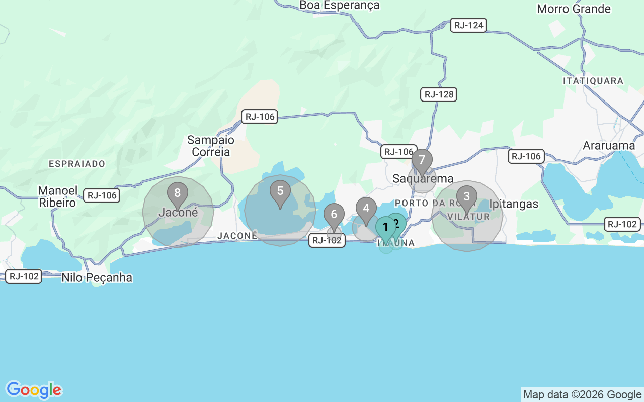 Map of Airbnb guest-review hotspots in Saquarema with location premium circles