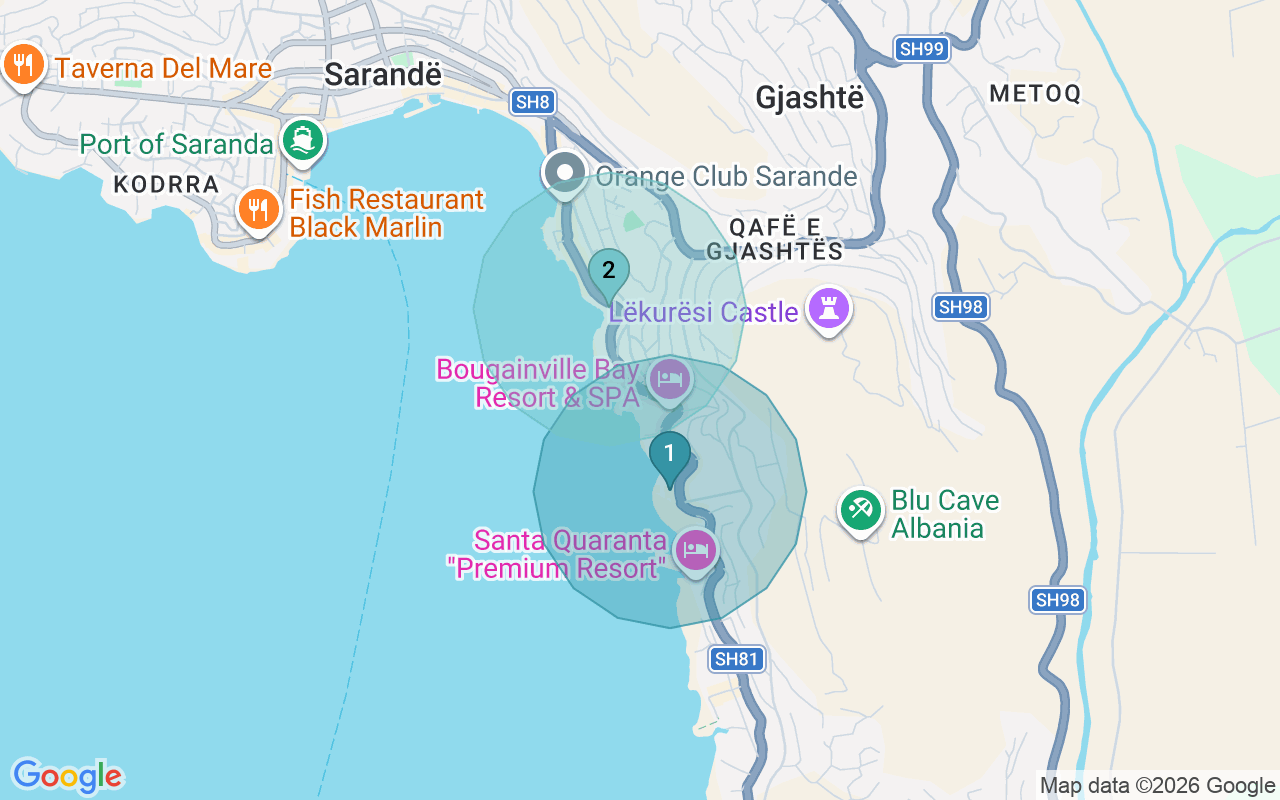 Map of Airbnb guest-review hotspots in Sarande with location premium circles