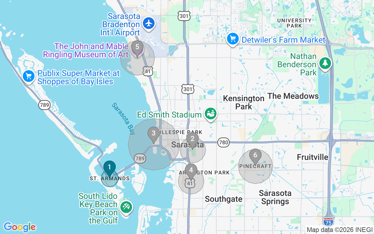 Map of Airbnb guest-review hotspots in Sarasota with location premium circles