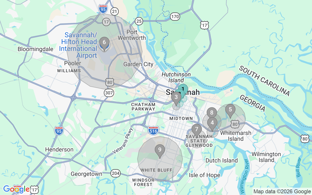 Map of Airbnb guest-review hotspots in Savannah with location premium circles