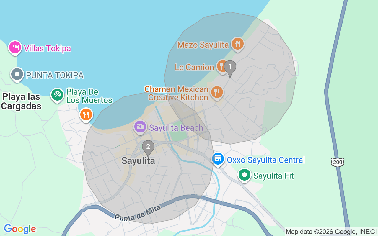 Map of Airbnb guest-review hotspots in Sayulita with location premium circles