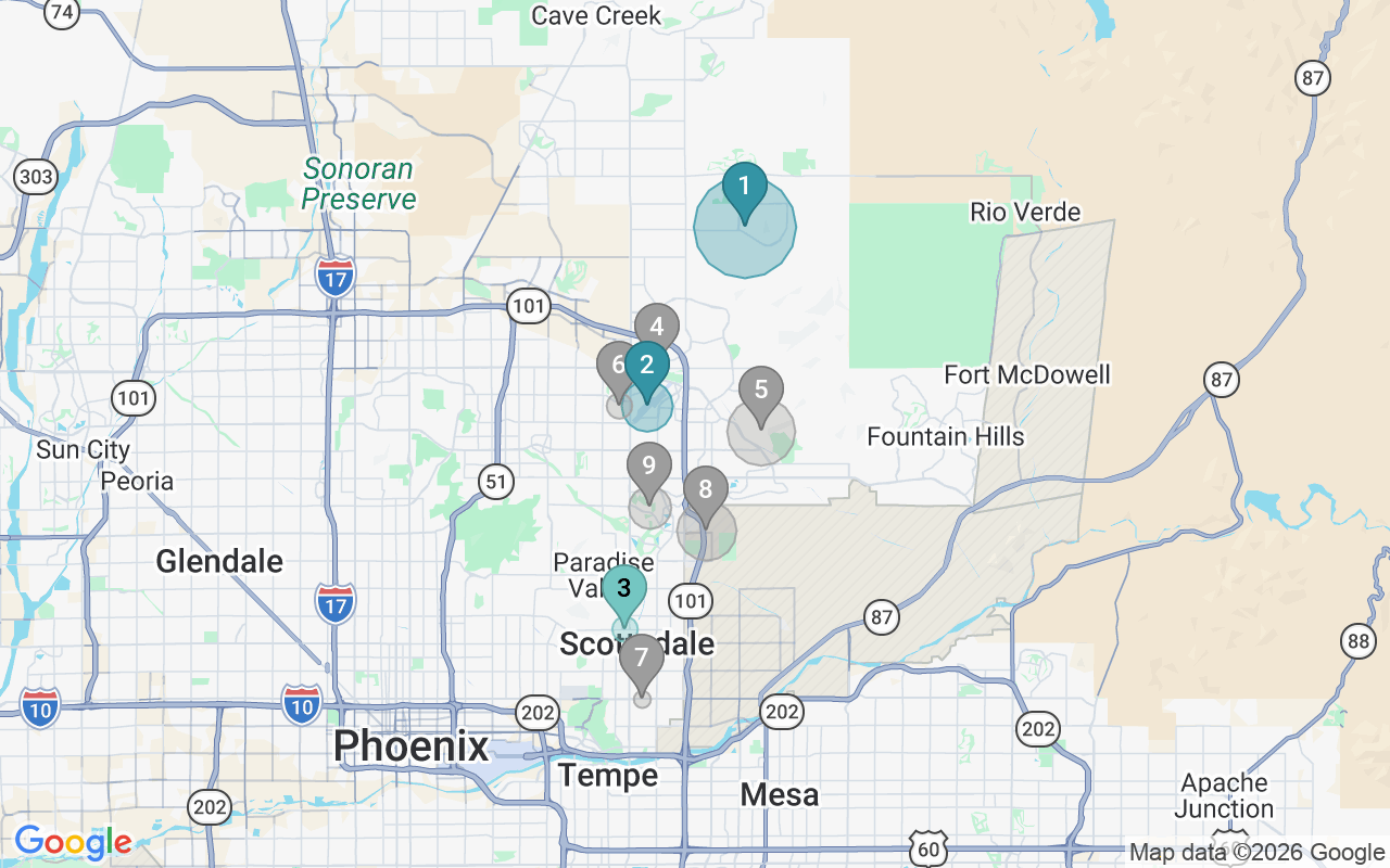 Map of Airbnb guest-review hotspots in Scottsdale with location premium circles