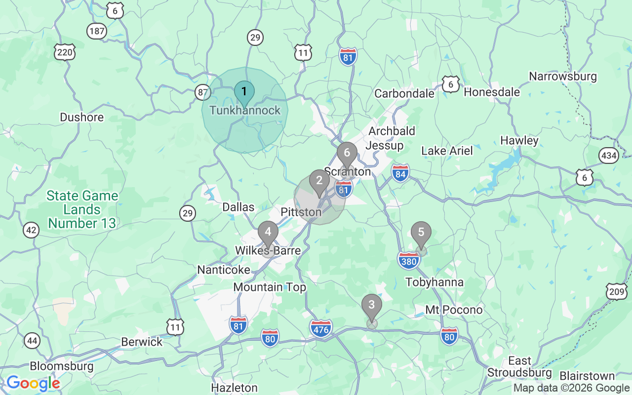 Map of Airbnb guest-review hotspots in Scranton--Wilkes-Barre with location premium circles