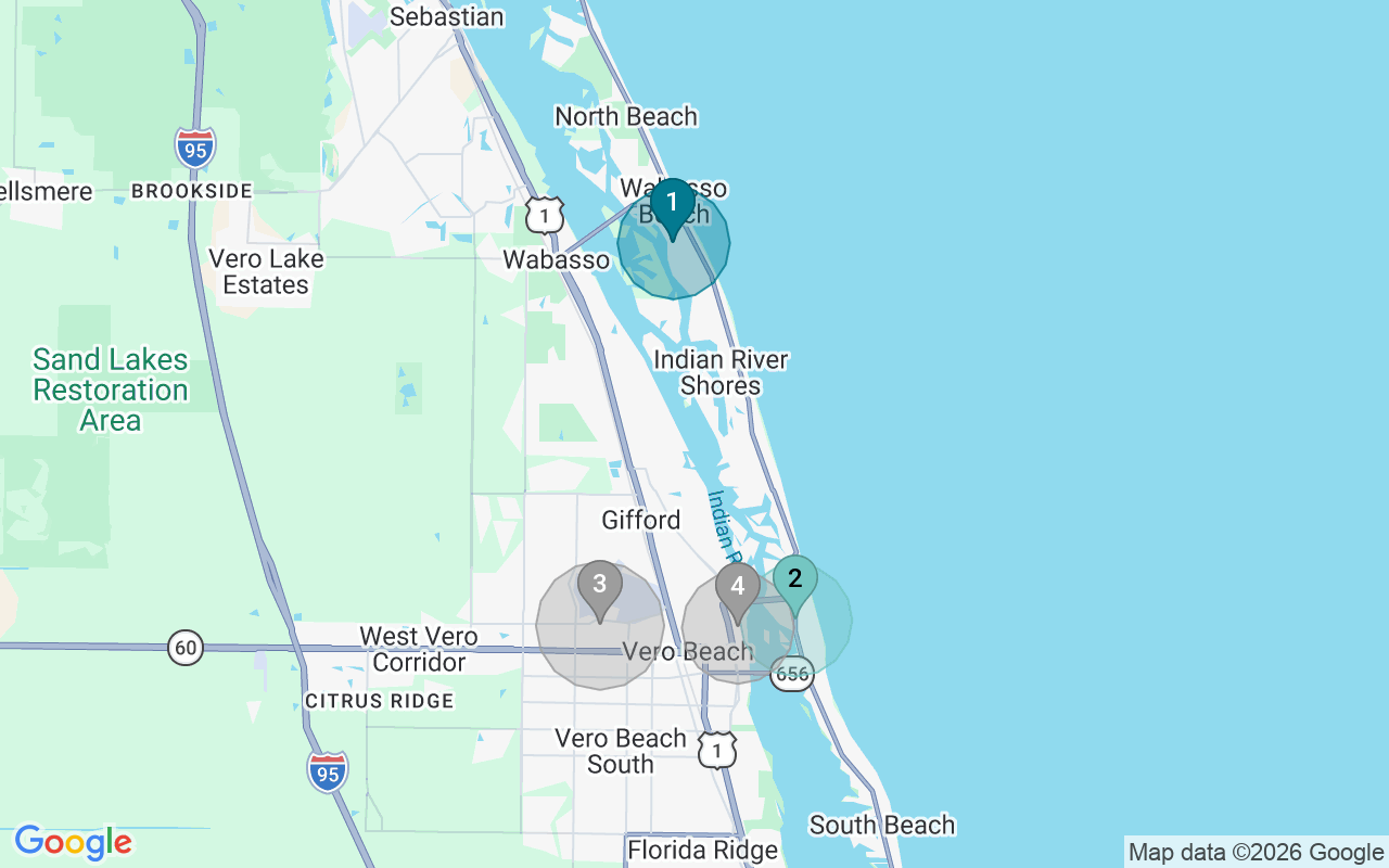 Map of Airbnb guest-review hotspots in Sebastian-Vero Beach with location premium circles