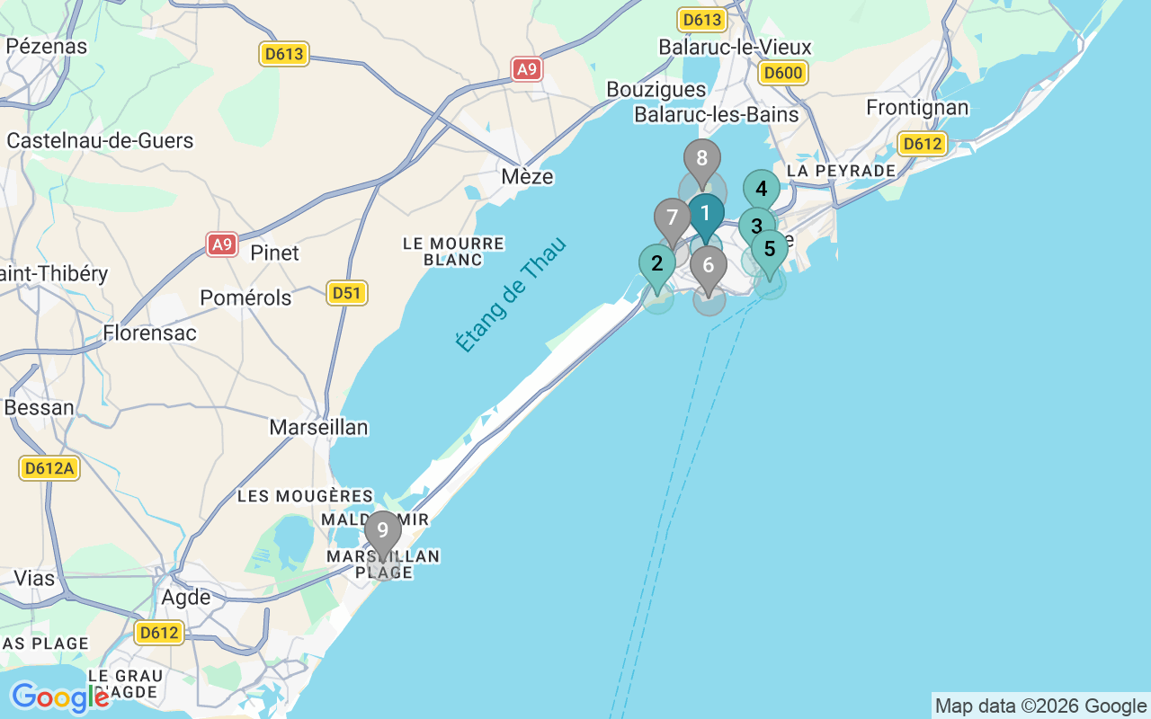 Map of Airbnb guest-review hotspots in Sete with location premium circles