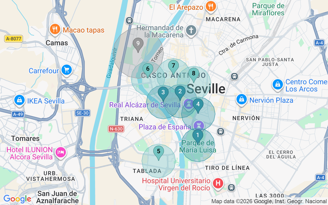 Map of Airbnb guest-review hotspots in Sevilla with location premium circles