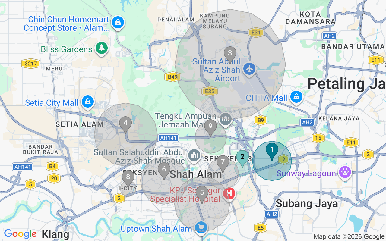 Map of Airbnb guest-review hotspots in Shah Alam with location premium circles