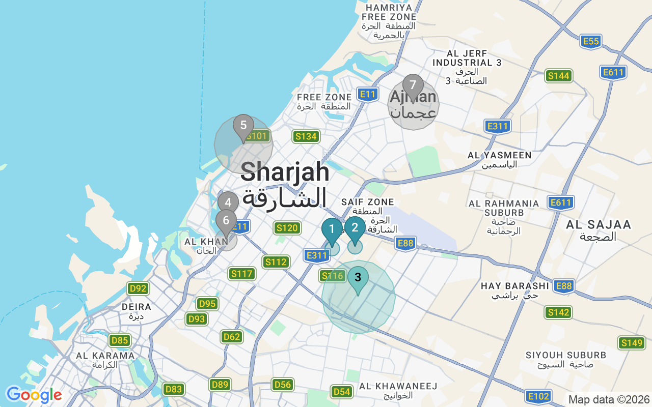 Map of Airbnb guest-review hotspots in Sarjah with location premium circles