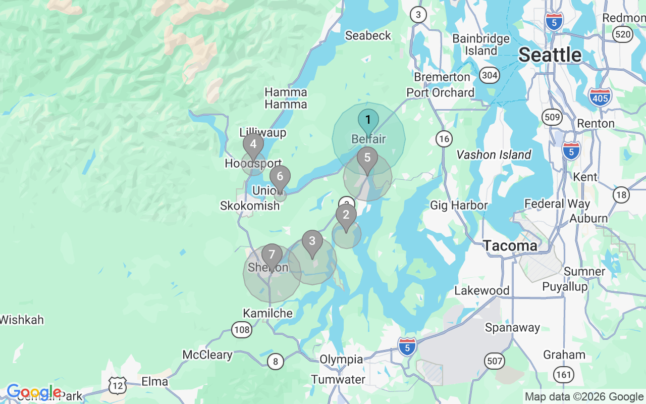 Map of Airbnb guest-review hotspots in Shelton with location premium circles
