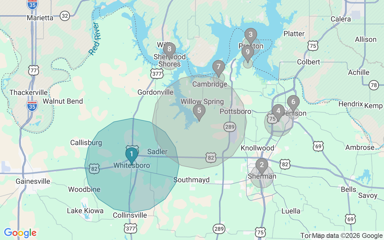 Map of Airbnb guest-review hotspots in Sherman-Denison with location premium circles