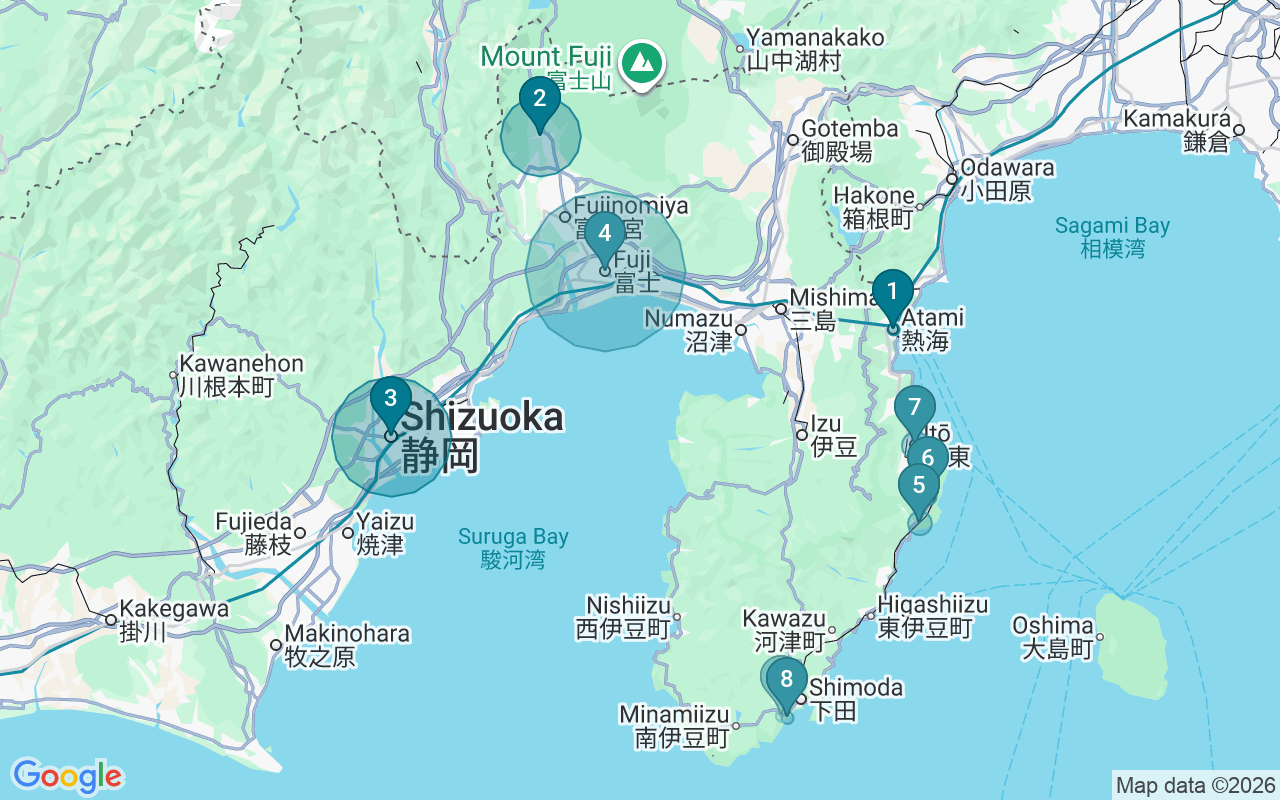 Map of Airbnb guest-review hotspots in Shizuoka with location premium circles