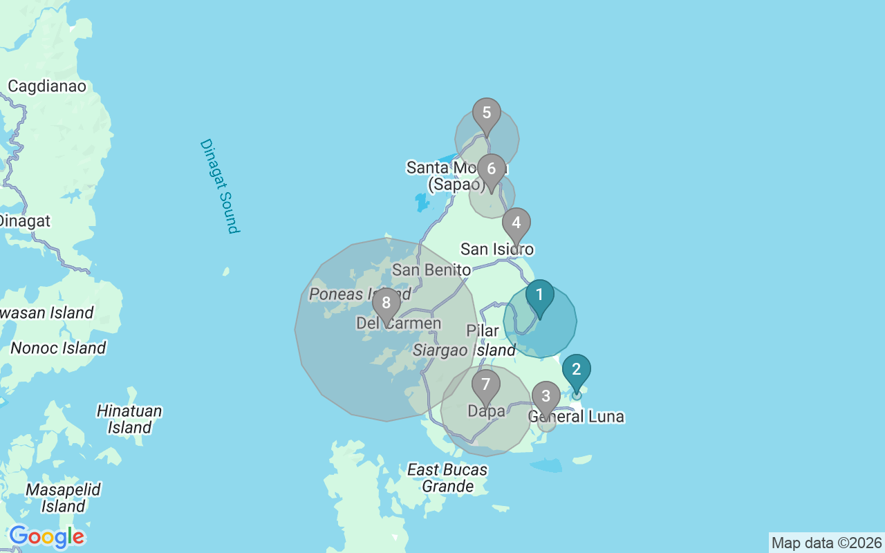 Map of Airbnb guest-review hotspots in Siargao Island with location premium circles