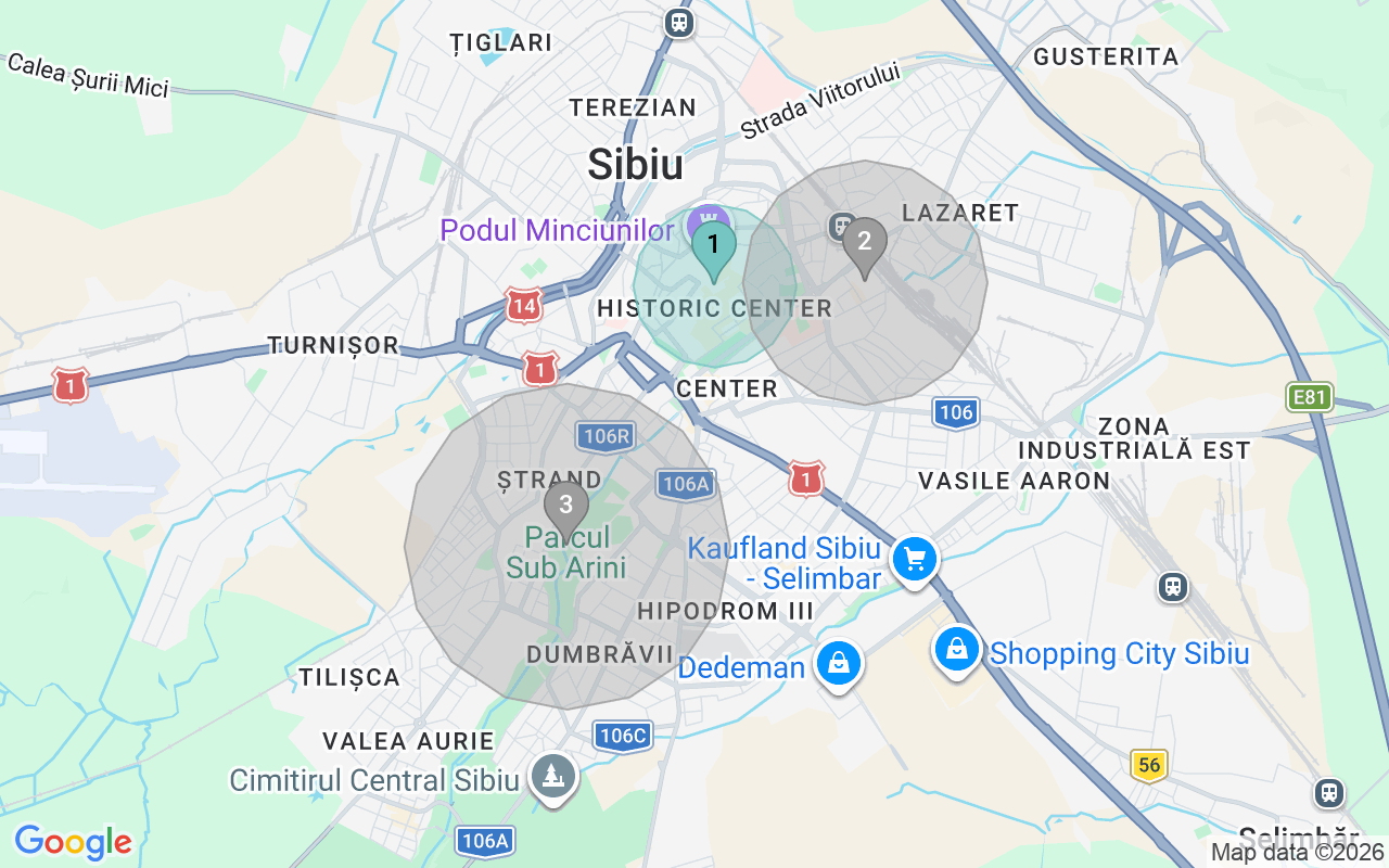 Map of Airbnb guest-review hotspots in Sibiu with location premium circles