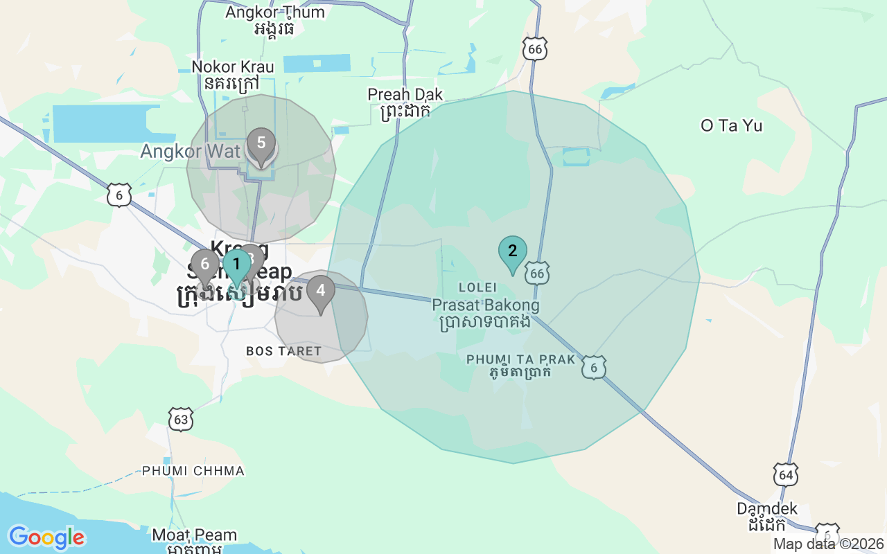 Map of Airbnb guest-review hotspots in Siem Reap with location premium circles