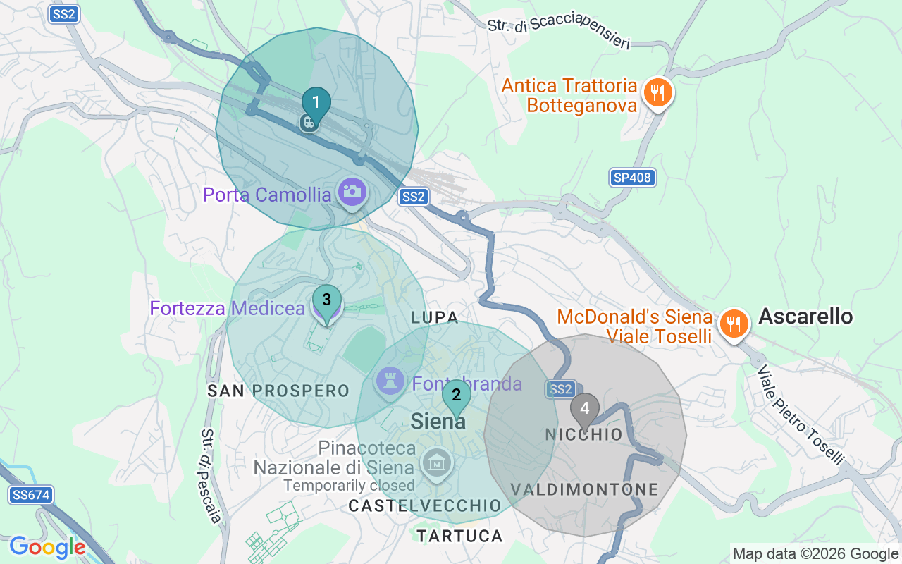 Map of Airbnb guest-review hotspots in Siena with location premium circles