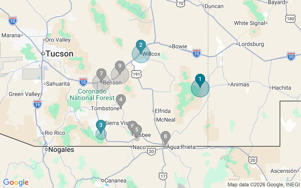Map of Airbnb guest-review hotspots in Sierra Vista-Douglas with location premium circles